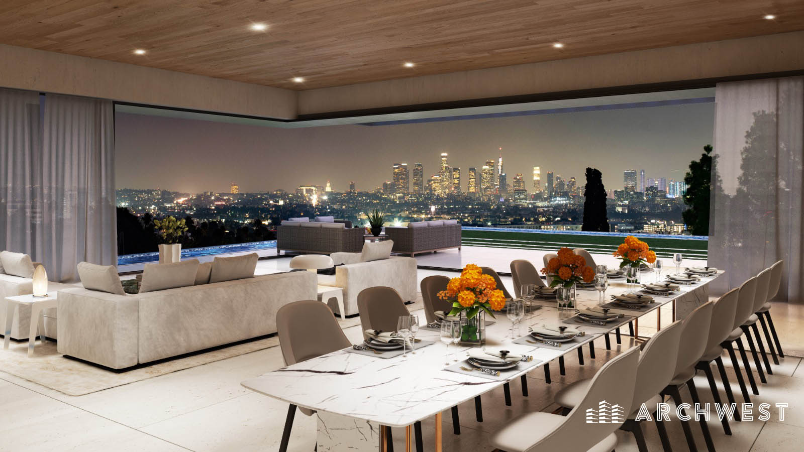 6. 3D Render of a Luxurious Living cum Dining Space, Los Angeles, California